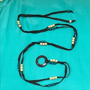 Brown suede Leather and Teal Beaded Belt (Flexible Fit)